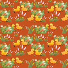 seamless pattern with duck and plant with flower in a plain color background