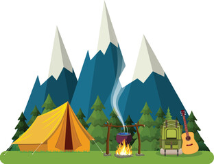  Cozy mountain campsite with tent campfire and guitar