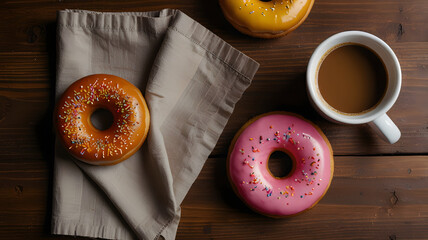 Coffee and Donuts on Wooden Table with Napkin – Sweet Morning Treat Scene