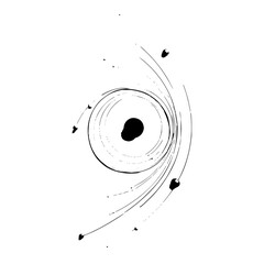 Abstract black and white ink drawing featuring a central circle with swirling lines and scattered blots