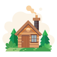 Cozy Log Cabin in the Woods with Smoke Coming from Chimney
