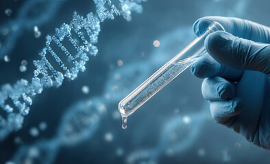 Gloved hands swirling a test tube with dna strands on blue scientific background