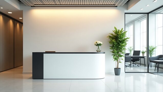 Modern office reception area design with sleek desk and plant for welcoming atmosphere and professional look on transparent background