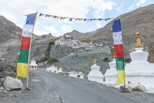 Buddhist monastery in Diskit with colorful prayer flags