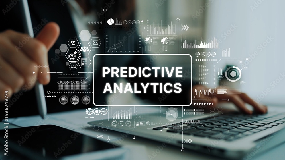 Poster modern business concept of predictive analytics with data visualization and technology in focus. asy