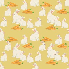 Obraz premium A sweet seamless pattern featuring adorable white rabbits and fresh orange carrots.