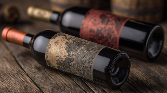 Wine bottle label mockup on wooden table