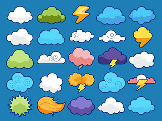 Collection of Cartoon Weather Icons Featuring Clouds Lightning Bolts Wind and a Starburst on a Blue Background