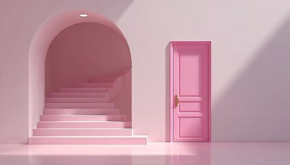 Pink archway with stairs and a door.