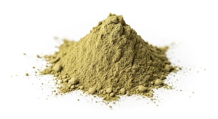 A small pile of finely ground green powder is showcased against a clean white background