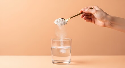 Hand holding a spoon with white powder dissolving into a glass of water against a peach background