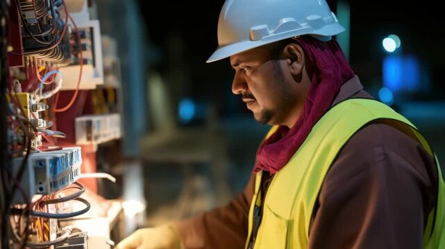 A close-up video angle captures an electrician at work, focused on wiring. The scene is lit warmly, highlighting his concentration and expertise. Live desktop wallpaper.