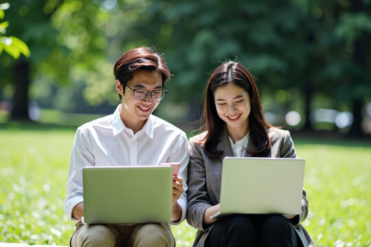 Working young professionals with laptops and mobile devices in an outdoor park.
