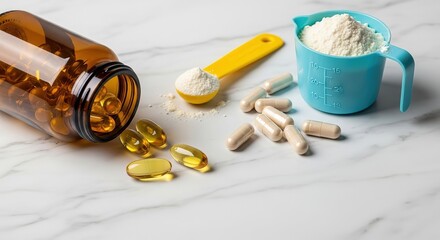 Vitamins and supplements including softgels capsules and protein powder for health and fitness