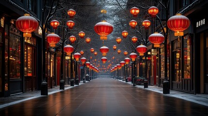 Snowy Street in China with Red Lanterns