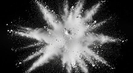 Explosion of white powder against a stark black background creating a dynamic and energetic visual effect