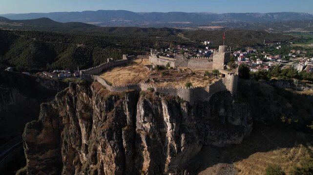 Boyabat Castle in Boyabat District. Sinop, Turkey. Aerial view of Boyabat Castle. Drone shot.
