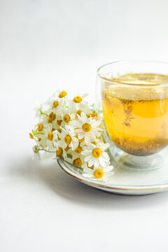 Daisies and herbal tea on white ceramic plate