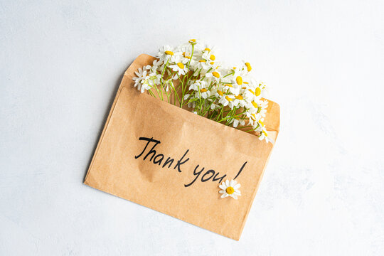 Envelope with daisies and thank you message on white