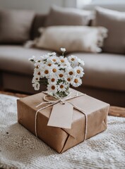 Gift wrapped in kraft paper with a bouquet of daisies.