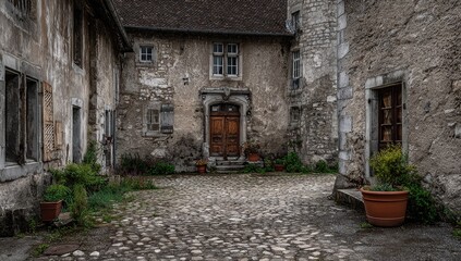Cobblestone courtyard enclosed by weathered stone buildings.