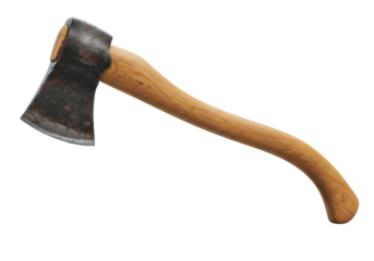 Old rustic axe with dark weathered metal head, sharpened blade, and curved light brown wood handle, isolated cleanly on a transparent background with copy space and no shadows