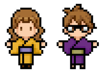 Obraz premium 着物や浴衣を着た男女のドット絵1