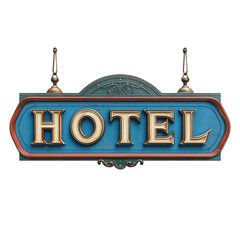 Vintage style hotel sign with golden letters and decorative elements against white background