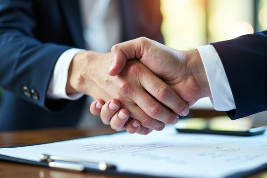 Two businesspeople shake hands with contract paper in the background in a close-up shot.
