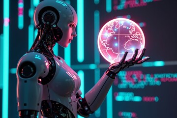 - Cyborg with holographic globe, surrounded by glowing code, in pensive pose - Robotic arm outstretched in futuristic scene