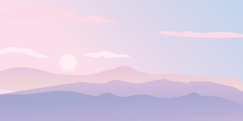 a landscape with silhouettes of mountain ranges against a background of delicate pink and blue sky, where the sun is setting or rising, surrounded by light clouds.