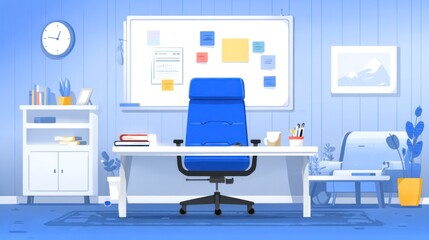 A minimalist office interior scene with a blue chair and white desk.