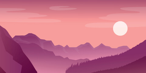 Mountain landscape during sunset or sunrise with pink sky. Silhouettes of mountains can be seen in the foreground and a chain of mountain ranges in the background.