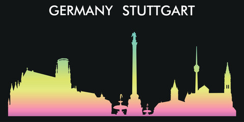 The image shows a silhouette of the city of Stuttgart, Germany, on a black background. The color scheme of the silhouette goes from pink at the bottom to yellow and green at the top.
