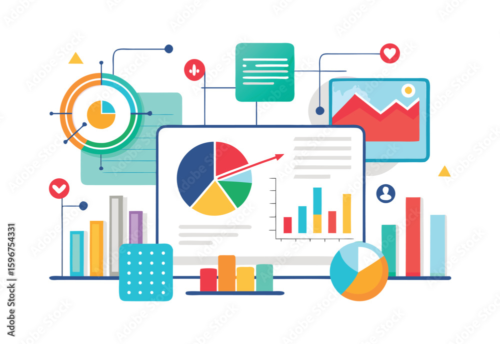Poster business data analysis charts and graphs flat vector elements on computer screen illustration