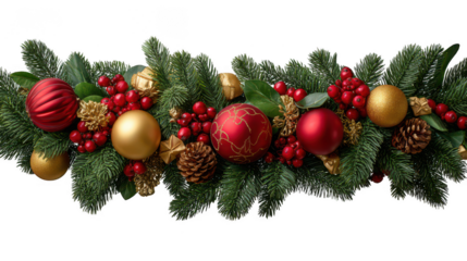 Festive christmas garland with ornaments and pinecones isolated on transparent background