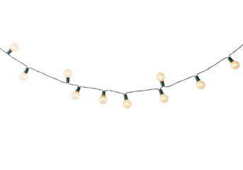 A long, elegantly draped string of illuminated warm yellow bulb lights, distinctly defined against a transparent background with ample negative space for copy, creating a festive holiday
