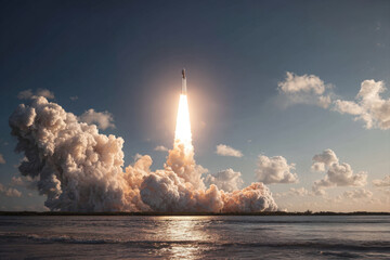 Rocket launch with 2026-shaped cloud trail soaring under vast blue sky