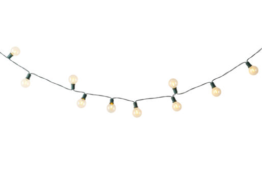 A long, elegantly draped string of illuminated warm yellow bulb lights, distinctly defined against a transparent background with ample negative space for copy, creating a festive holiday