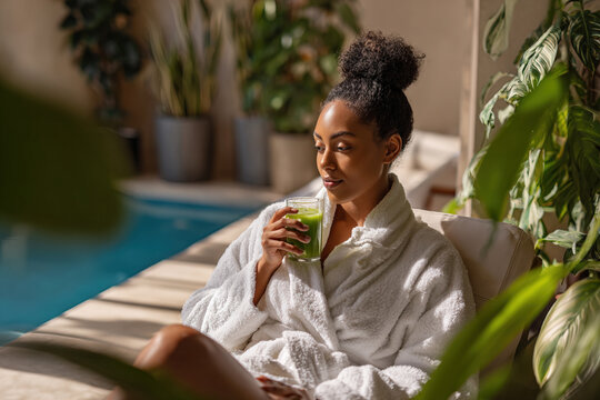 Young black woman relaxing in bathrobe by indoor pool in luxury spa and drinking green smoothie - Powered by Adobe