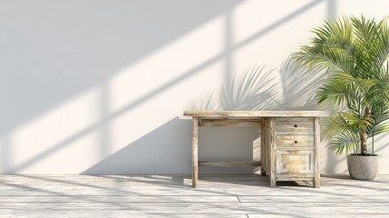 Light-filled room with a weathered wooden desk and tropical plant.