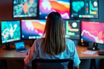 Aerial View of Young Woman Surrounded by Colorful Designs and Graphics on Multiple Monitors at Desk