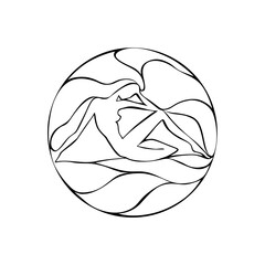 Minimalist one-line drawing of a woman lying inside circular frame, flowing lines that evoke sense of calm, femininity, and artistic elegance, for use in wall art, logo design, or wellness branding.