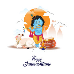 Happy Janmashtami Illustration Lord Krishna playing flute
