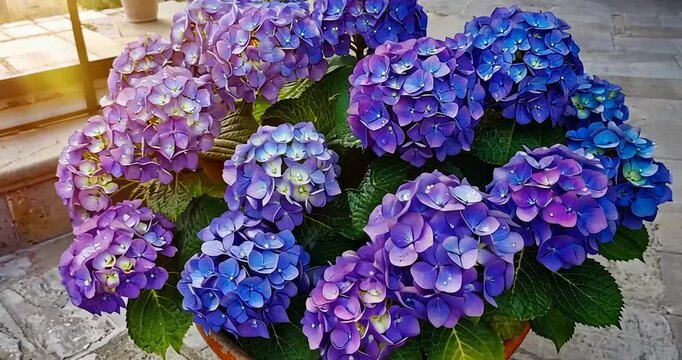Hydrangea blossoms in terracotta pot