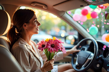 Woman Driving with Bouquet of Flowers, Colorful Balloons, and Confetti Flying from Sunroof
