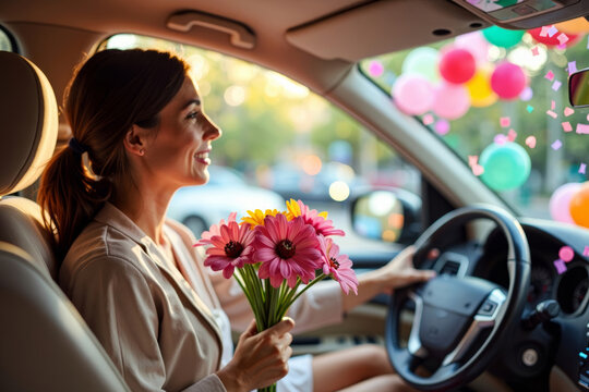 Woman Driving with Bouquet of Flowers, Colorful Balloons, and Confetti Flying from Sunroof