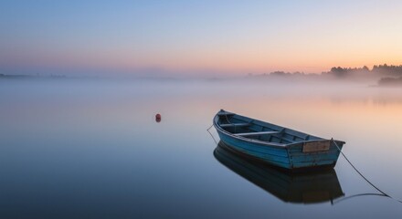 Misty lake, tranquil boat