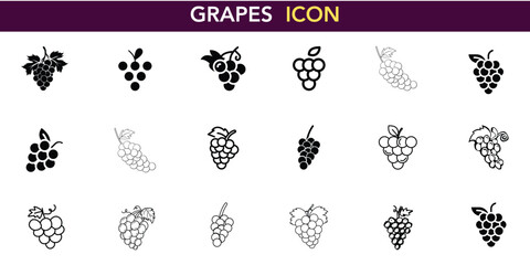 Grapes Icon Vector Collection Wine Fruit Vineyard Symbol Organic Harvest Agriculture Natural Food Healthy Illustration Design Logo Business Brand Menu Restaurant Beverage Set Pack