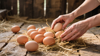 Hands collecting fresh brown eggs from straw nest on wooden surface in rustic barn, concept of farm life and natural organic food production
